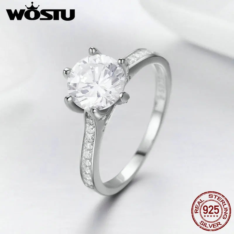 WOSTU 925 Sterling Silver 3 Carat AAAAA Round CZ Finger Ring for Women Luxury Wedding Anniversary Engagement Jewelry Gift CQR342