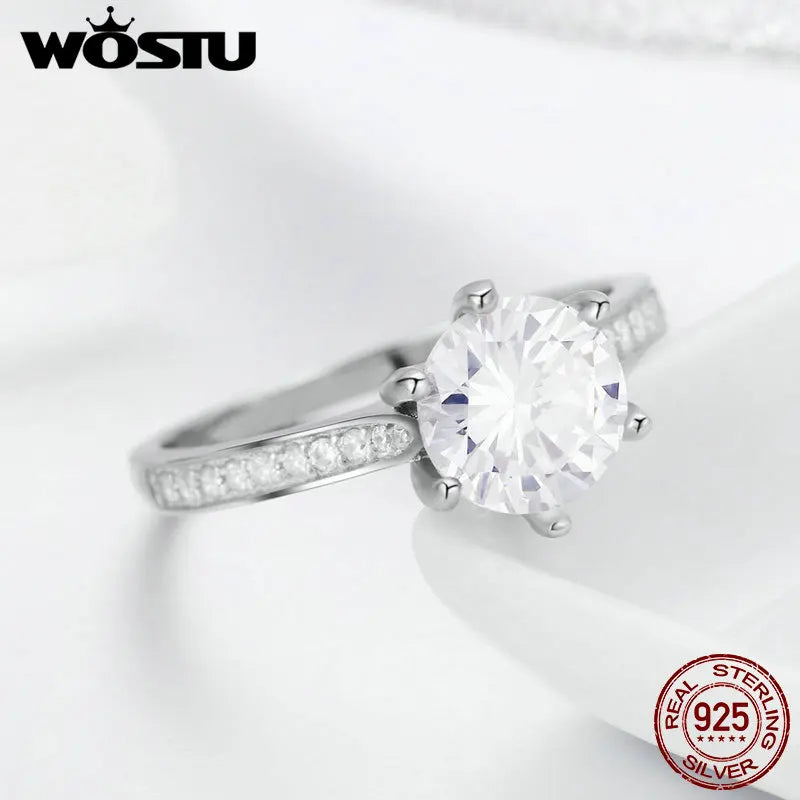 WOSTU 925 Sterling Silver 3 Carat AAAAA Round CZ Finger Ring for Women Luxury Wedding Anniversary Engagement Jewelry Gift CQR342