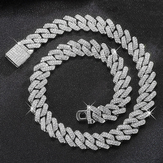 Hip Hop Shiny 15MM Cuban Link Chain Necklace Women Men Silver Color Rhinestone Iced Out Cuban Chain Punk Jewelry Necklace Gift